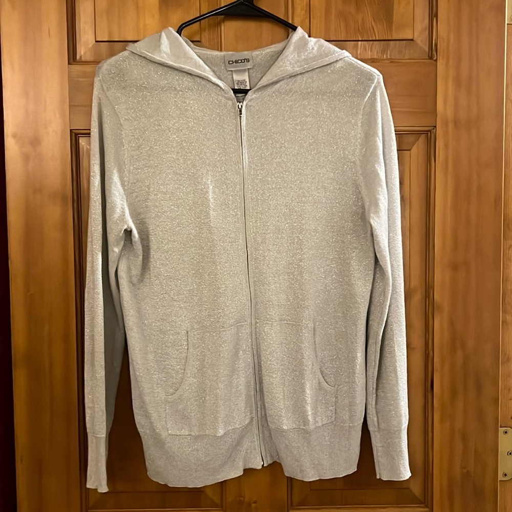 Chico’s Thin Silver Shimmer Hooded Sweater